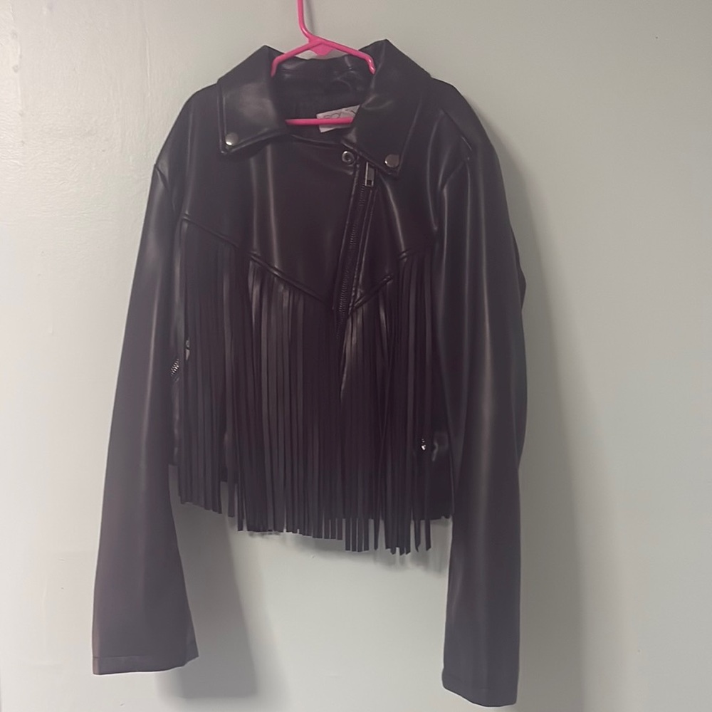 Sofia by Sofia Vergara Black Leather Fringe Jacket